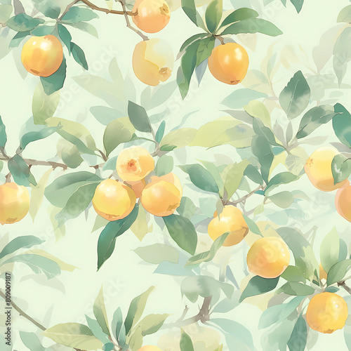Loquat fruit, floral print, Continuous in four directions