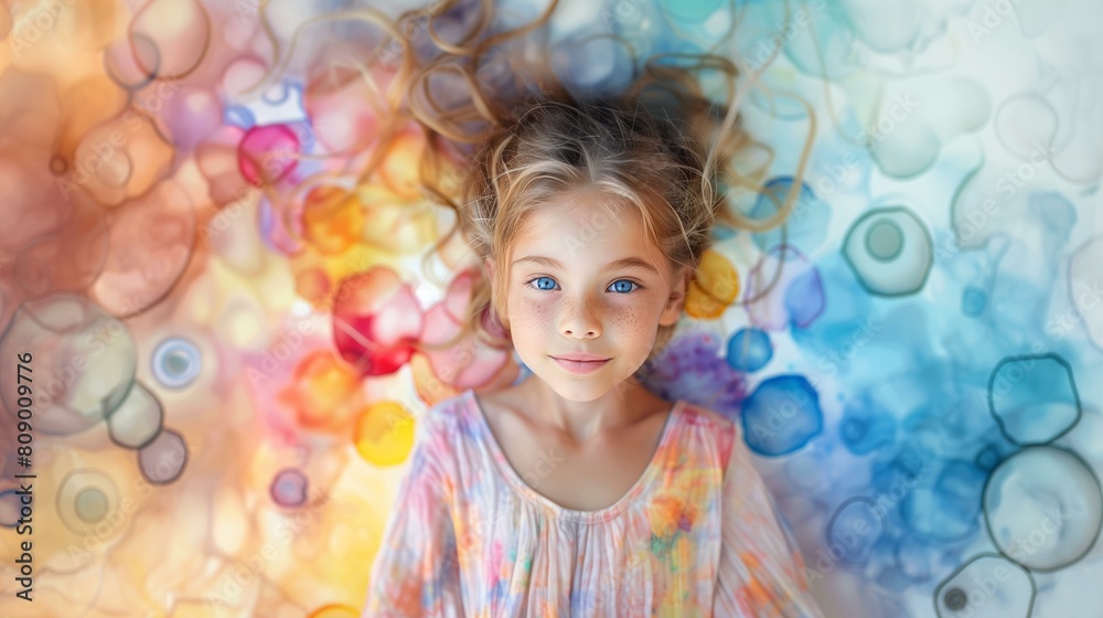 Fun, little girl lying on colorful abstract painting, exploration discovery learning growth development Fun, little girl lying on colorful abstract painting, exploration discovery learning growth development