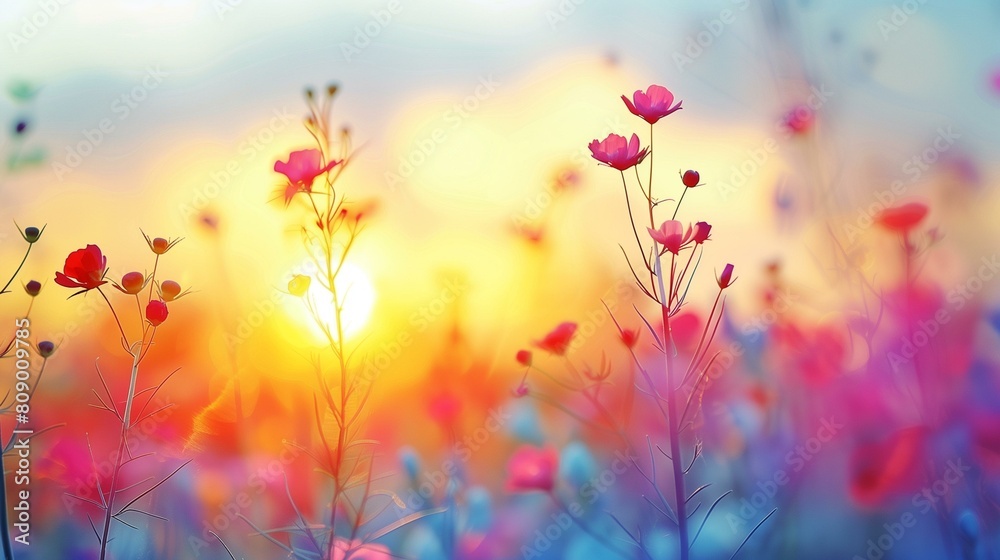 Evening, vibrant pink flowers are in full bloom in field at sunset, floral beauty delicate feminine romantic Evening, vibrant pink flowers are in full bloom in field at sunset, floral beauty delicate feminine romantic
