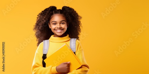 Little smiling African American schoolgirl on a yellow background. September and the beginning of the new school year photo
