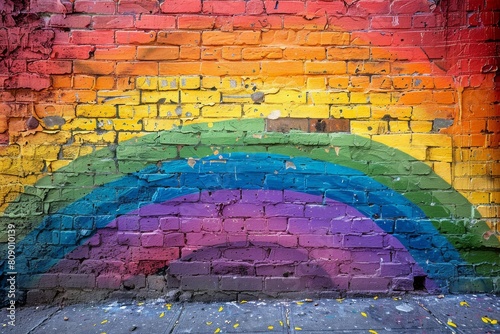 A colorful graffiti of a rainbow painted on a brick wall texture, representing creativity and urban art