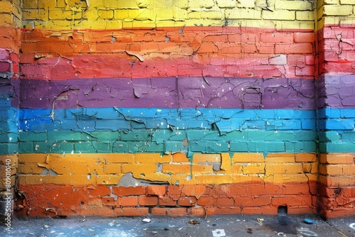 The image presents an aging rainbow mural on a brick wall  reflecting the decay and resilience of urban art over time