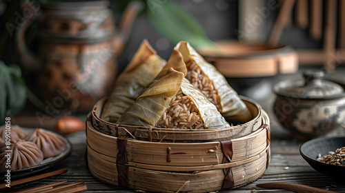 Dragon Boat Festival Zongzi, a traditional Chinese festival, commemorates Qu Yuan, summer food, Chinese food, Zongzi and steam,