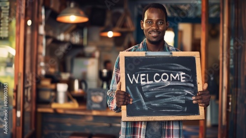 Man Holding a Welcome Sign