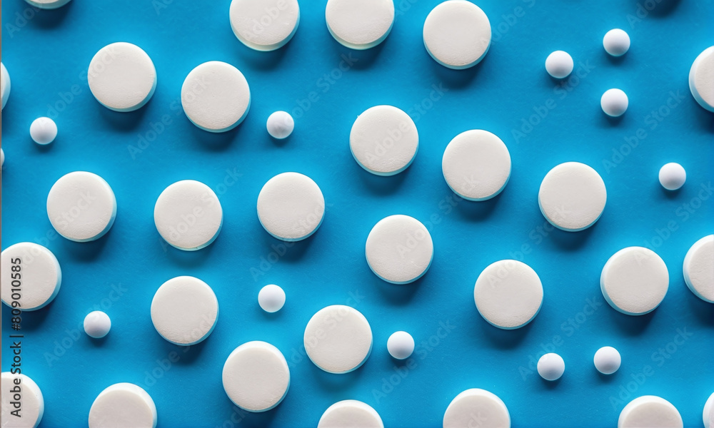 A large number of pills are on the table, blue background A large number of pills are on the table, blue background