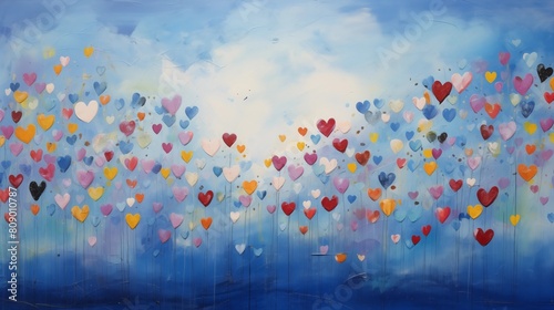 A colorful array of heart-shaped balloons against an abstract blue sky backdrop