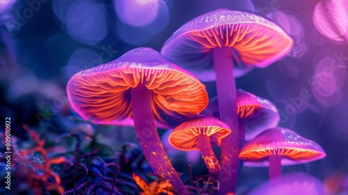 Mystic purple mushrooms glowing with neon pink and orange hues, brightly contrasted against a dark background, otherworldly atmosphere © Alpha