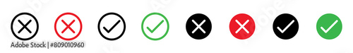 Tick mark and cross mark icon set. Cross mark and Check mark vector icon set. True and false button vector icon set with different color. Right and wrong button. Vector illustration. 