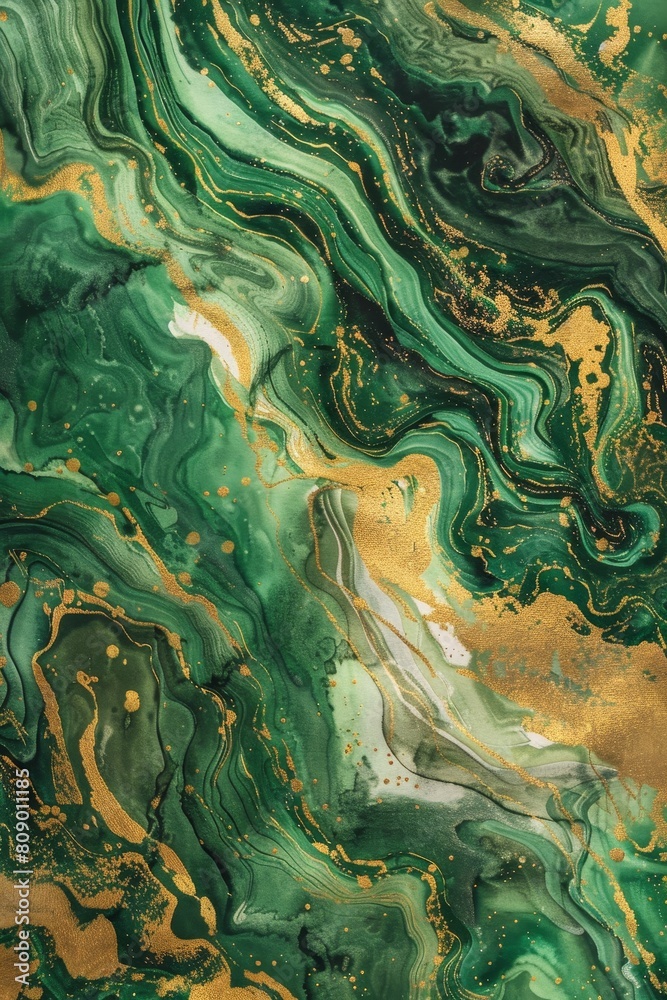 Fototapeta premium Intricate watercolor depiction of green and gold fluid art, the swirling patterns forming luxurious textures for wallpaper design