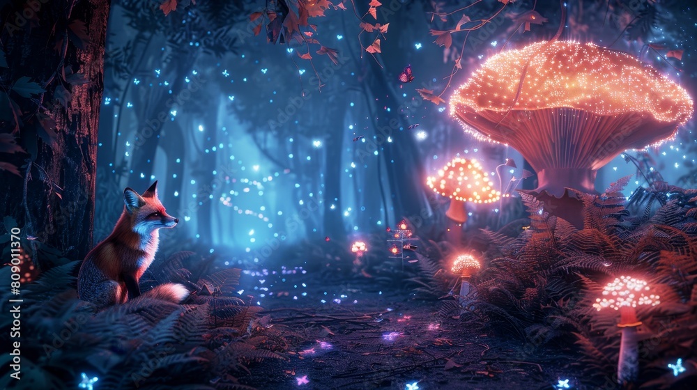 Magical blue-pink forest path lined with glowing mushrooms, fireflies, and a fox gazing curiously, creating an enchanting scene Magical blue-pink forest path lined with glowing mushrooms, fireflies, and a fox gazing curiously, creating an enchanting scene