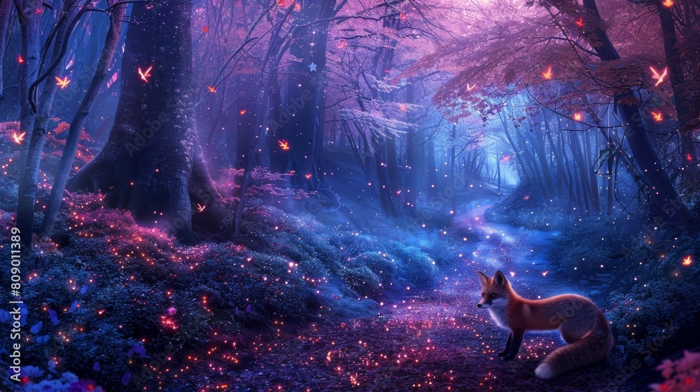 Magical blue-pink forest path lined with glowing mushrooms, fireflies, and a fox gazing curiously, creating an enchanting scene Magical blue-pink forest path lined with glowing mushrooms, fireflies, and a fox gazing curiously, creating an enchanting scene