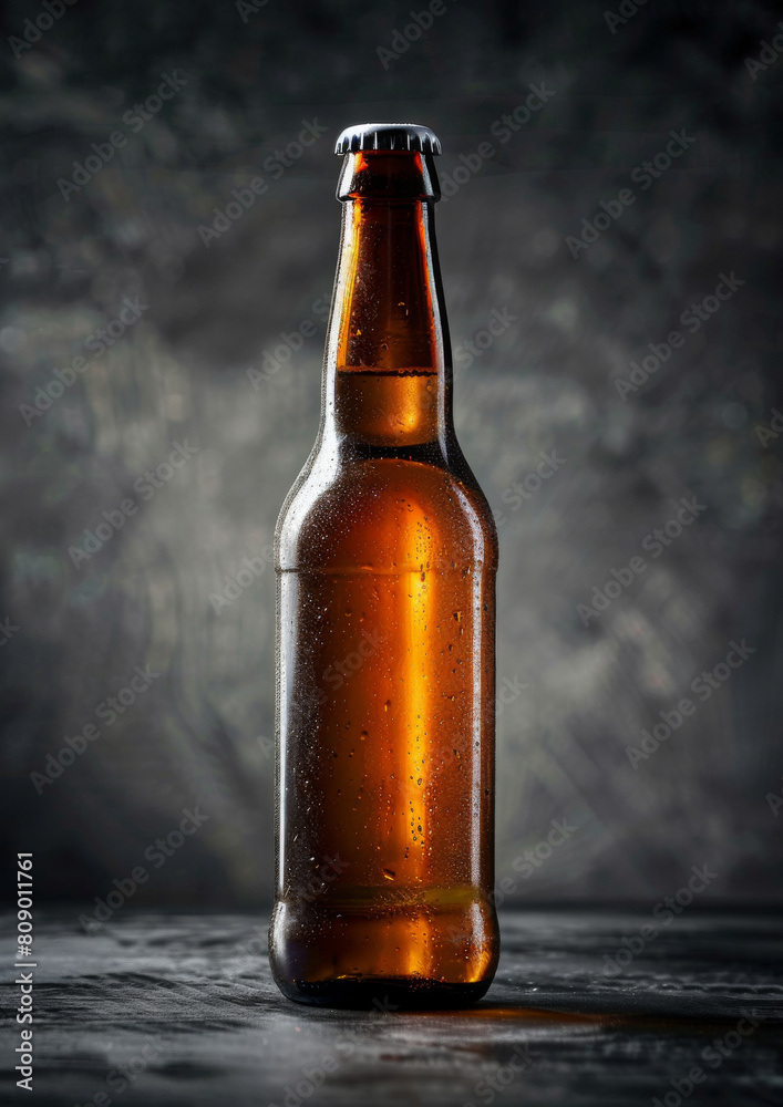 Blank labeled beer bottle. Cold wet bottle, fresh dew droplets. Isolated on dark background. Product mock-up. Blank labeled beer bottle. Cold wet bottle, fresh dew droplets. Isolated on dark background. Product mock-up.