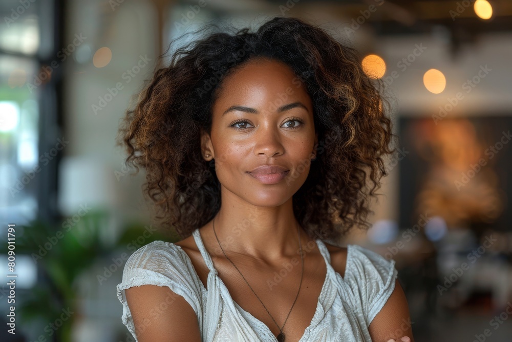 Portrait of a confident woman with curly hair and a gentle smile, standing in a modern indoor setting with soft lighting Portrait of a confident woman with curly hair and a gentle smile, standing in a modern indoor setting with soft lighting