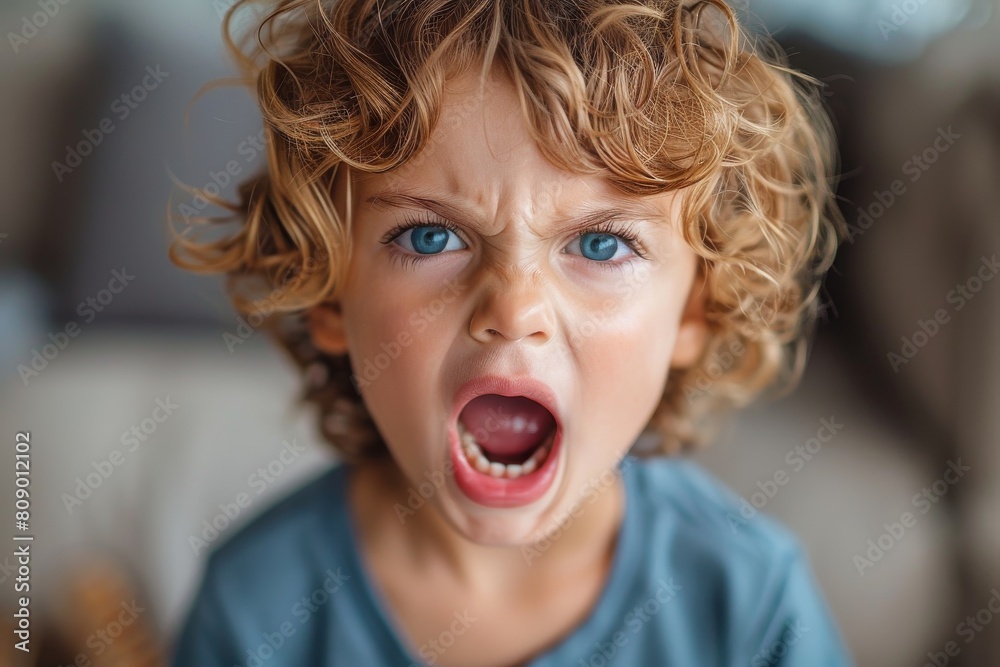 Close-up of a young boy yelling with expressive blue eyes and curly hair, evoking a sense of strong emotion or surprise Close-up of a young boy yelling with expressive blue eyes and curly hair, evoking a sense of strong emotion or surprise
