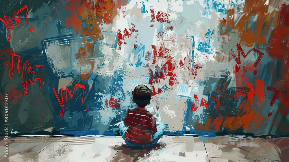 Obraz premium artful graffiti style illustration, a boy dream and hope concept, young child with messy grungy wall, Generative Ai