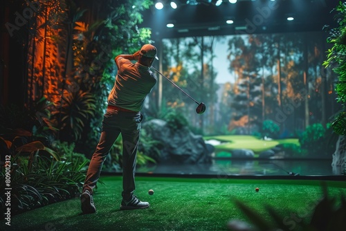 A golfer in mid-swing playing on a high-tech virtual golf course simulator