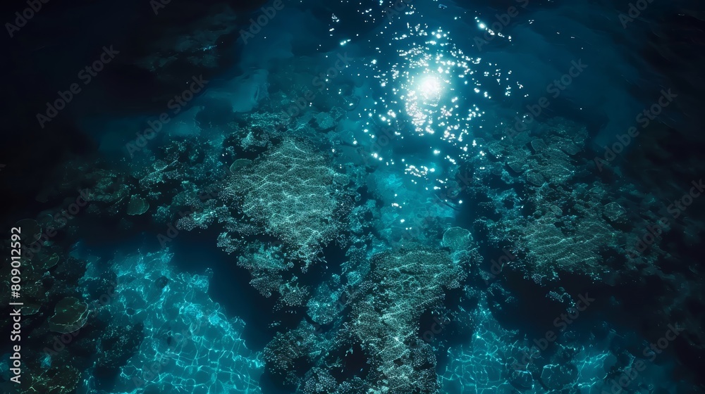 Obraz premium Moonlight on Tropical Waters, Drone footage of tropical waters lit by the full moon, highlighting the coral reefs and marine life visible through the clear, glowing surface