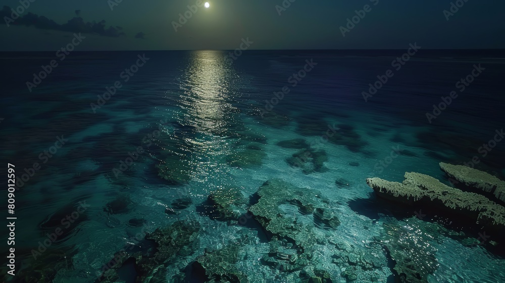 Fototapeta premium Moonlight on Tropical Waters, Drone footage of tropical waters lit by the full moon, highlighting the coral reefs and marine life visible through the clear, glowing surface