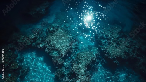 Moonlight on Tropical Waters, Drone footage of tropical waters lit by the full moon, highlighting the coral reefs and marine life visible through the clear, glowing surface © JP STUDIO LAB