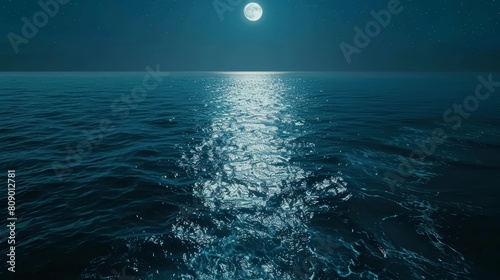 Ocean s Mirror in Moonlight  Aerial shot of the ocean s surface as a perfect mirror  reflecting the full moon and stars above  with occasional ripples distorting the celestial image