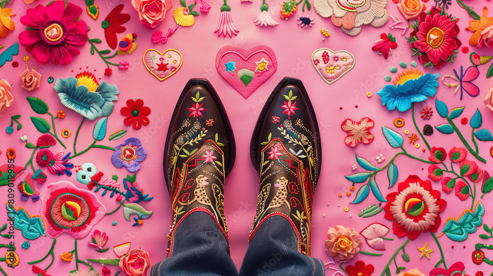  embroidered hearts, leopard print and cowboy boots on a pink background with colorful embroidery, hearts and flowers in the corners, trendy fabric design