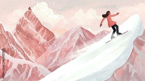 Thrilling snowboarding adventure with a rush of wind and a spray of snow kicked up