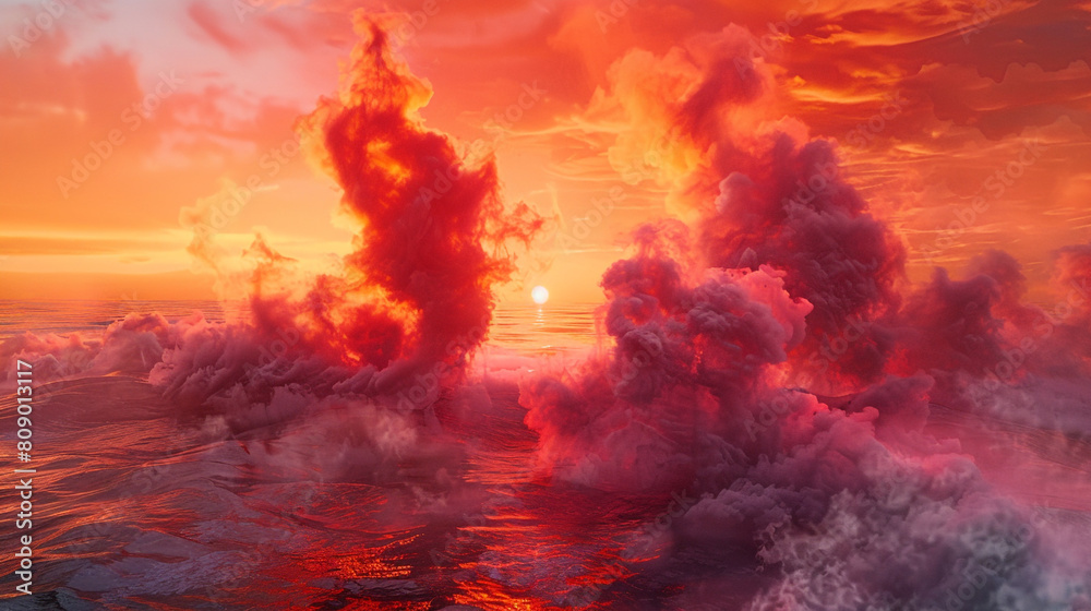 Naklejka premium An abstract arrangement of smoke in vivid reds and oranges, evoking the fiery beauty of a sunset over the ocean.