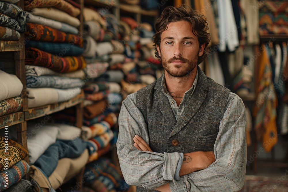 Fototapeta premium Well-dressed man in a textile shop with crossed arms, showing confidence and choice in fabrics and patterns