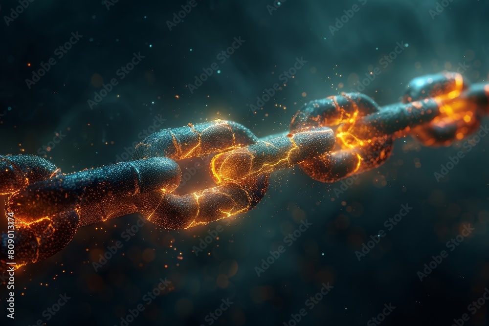 A conceptual image of a glowing, digital blockchain to represent concepts like digital security, cryptocurrency and modern technology