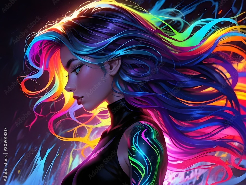 Illustration of a beautiful girl has colorful hair in pop art style