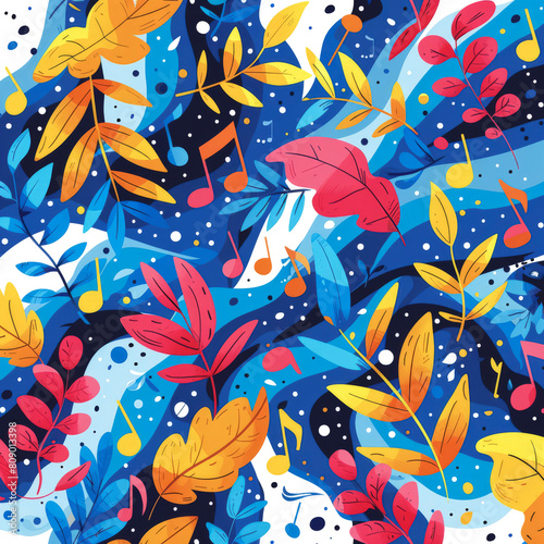 Colorful abstract musical background with notes and leaves, poster design.