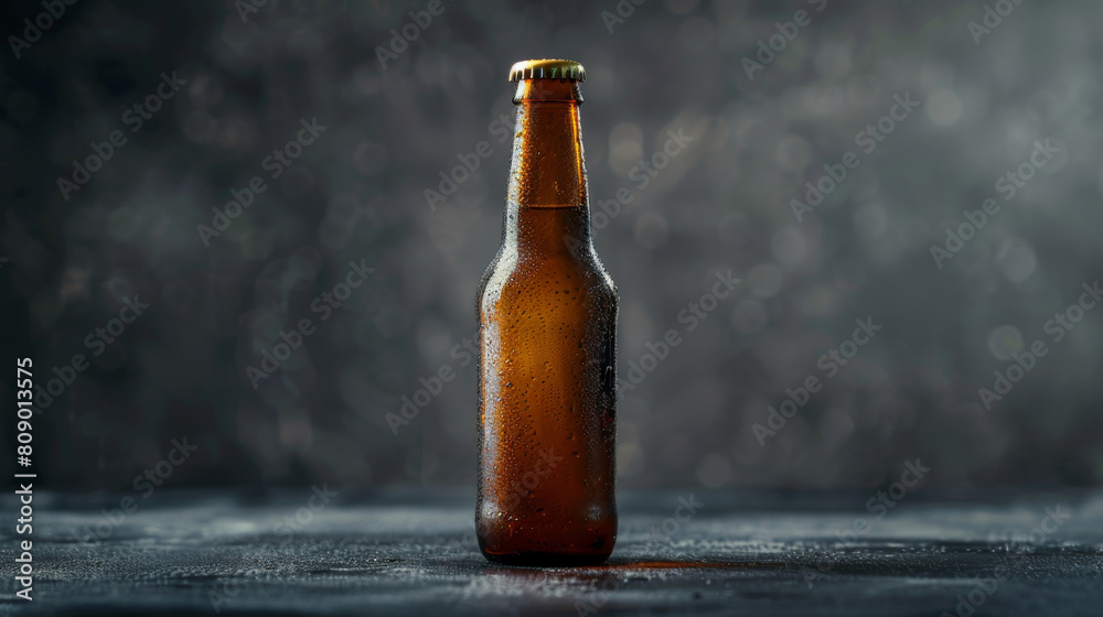Blank labeled beer bottle. Cold wet bottle, fresh dew droplets. Isolated on dark background. Product mock-up. Blank labeled beer bottle. Cold wet bottle, fresh dew droplets. Isolated on dark background. Product mock-up.