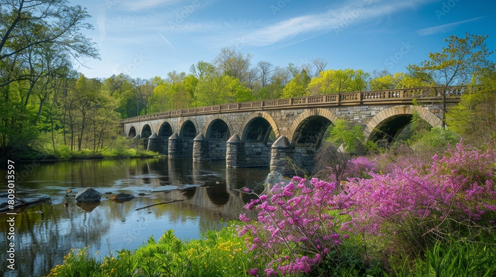 Fototapeta premium Scenic spring landscape near a classic bridge, blooming flowers and lush greenery surrounding it under clear skies