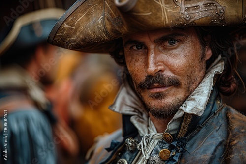 Pirate man with a crowd behind him, showcasing his costume in detail © Larisa AI