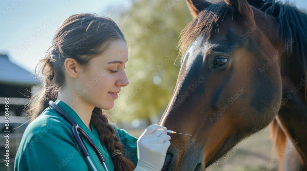 Obraz premium Horses veterinary workers conducting examinations and administering vaccinations