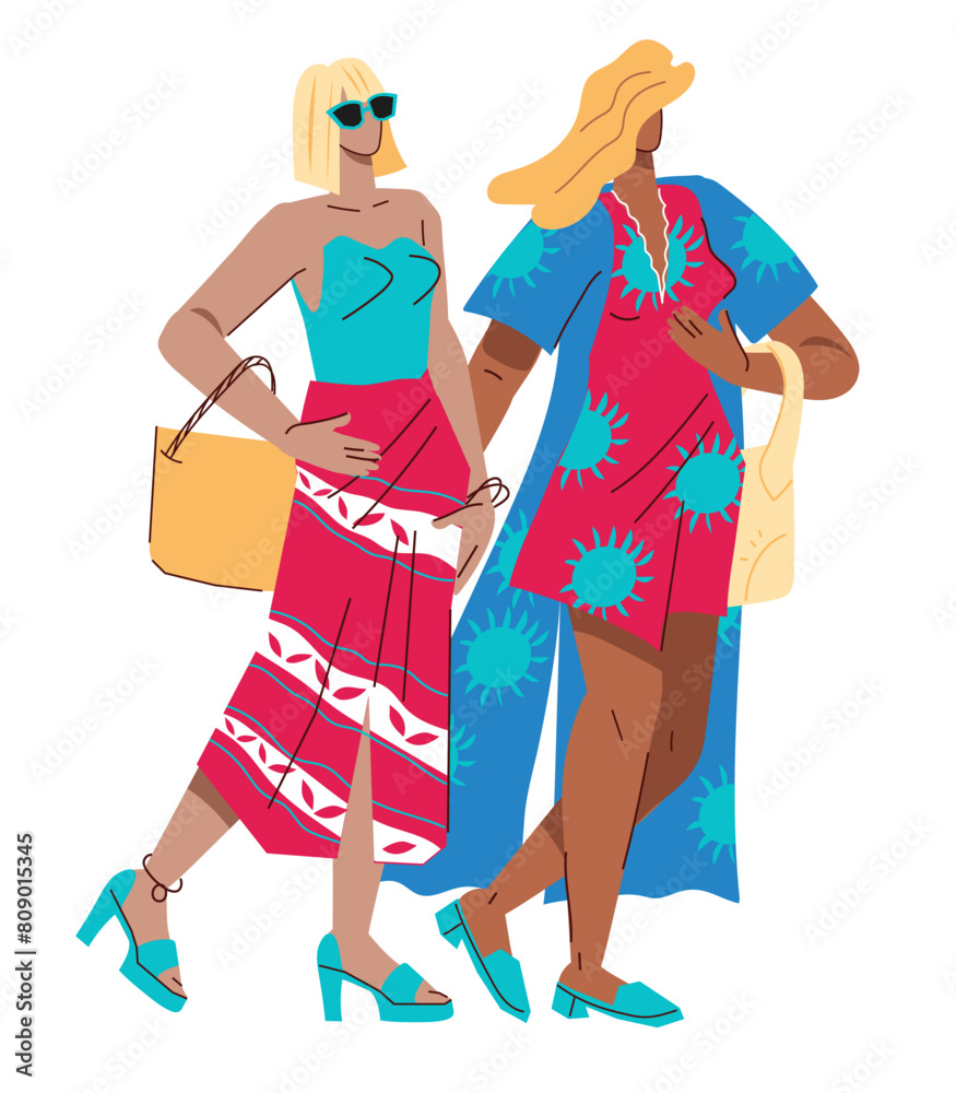 Two female characters in fashionable summer outfit, flat vector illustration isolated on white background. Two women in summer beachwear or streetwear.