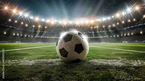 classic soccer ball on grass in a stadium with lights in high resolution and quality