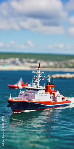 A Coast Guard boat cleaves the waves of the sea. Sunny weather. U.S. Coast Guard Day © Vladislav