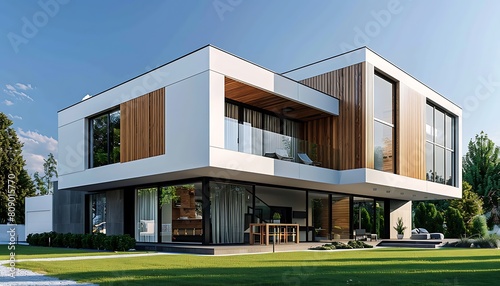A large house with a white exterior and a brown trim. The house has a garage and a driveway  © Kiran