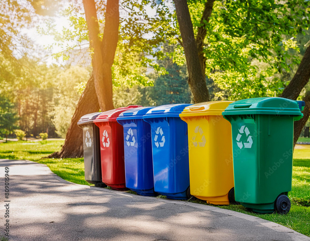 Different color recycling bins green yellow blue red grey in city park bins for collection container of recycle materials Different color recycling bins green yellow blue red grey in city park bins for collection container of recycle materials