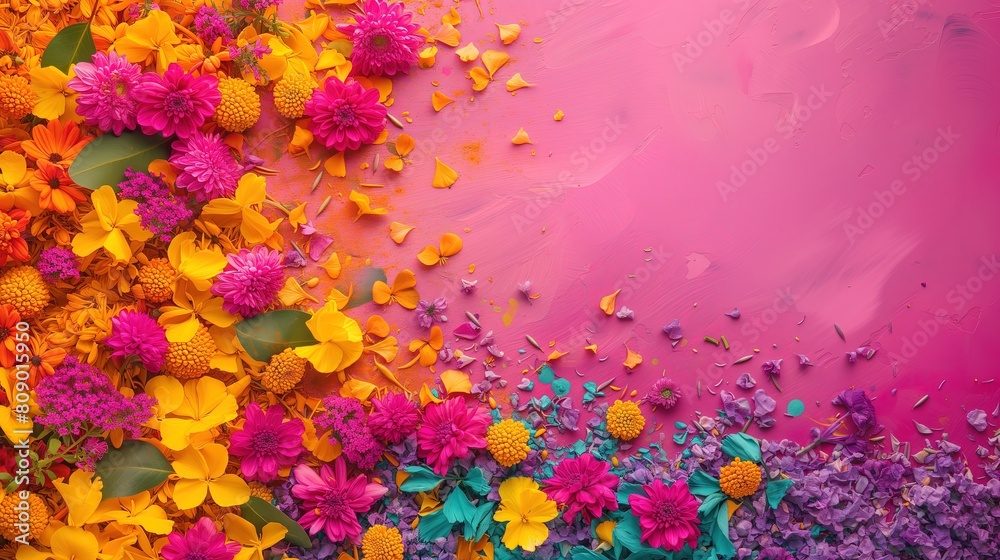 Malowidło kolorowych kwiatów na różowym tle