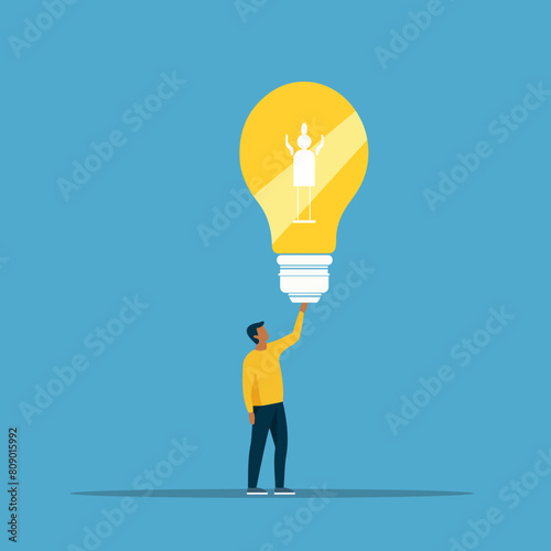 New idea light bulb concept. Man with lamp above his head. Innovation, solution, flat cartoon vector illustration.