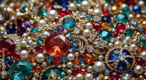 Close-up of a luxurious pile of colorful gemstones, pearls, and sparkling jewels for opulent backgrounds