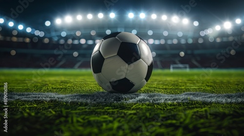 Classic soccer ball on grass in a stadium with back lights in high resolution and quality. soccer concept © Marco