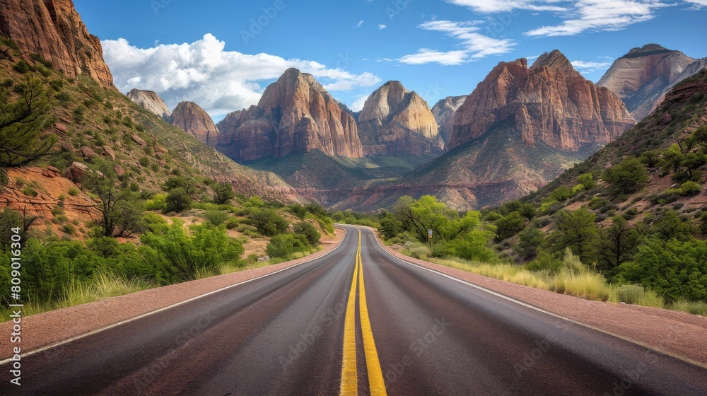 Naklejka premium Asphalt highway road winding through a majestic mountain landscape on a bright day