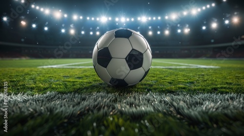 Classic soccer ball on grass in a stadium with back lights in high resolution and quality. football concept, stadium © Marco