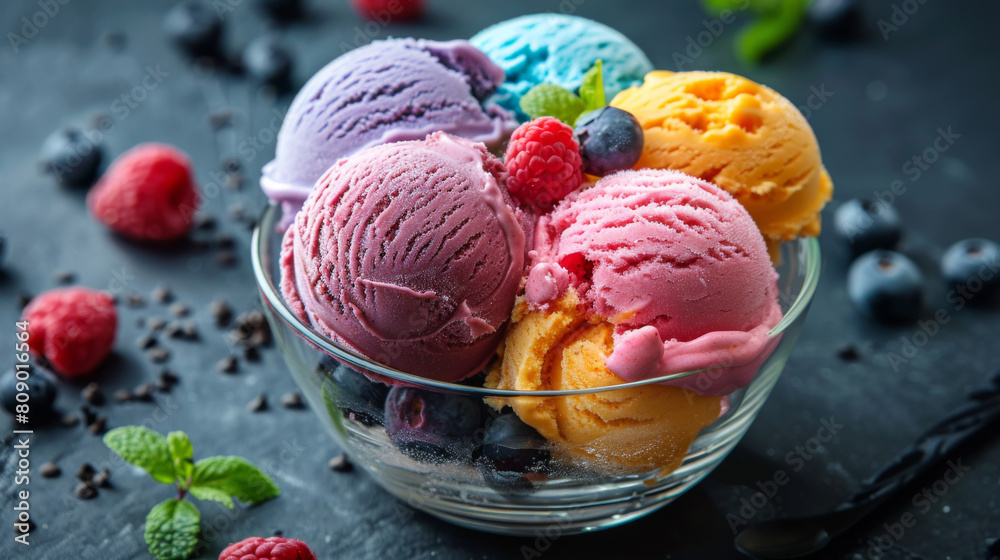 Colorful scoops of ice cream in white to go packaging, on slate surface, against dark background. Sorbet ice cream. Dairy product. Colorful scoops of ice cream in white to go packaging, on slate surface, against dark background. Sorbet ice cream. Dairy product.