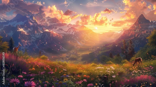 Generate a visual representation of a majestic sunset scenery