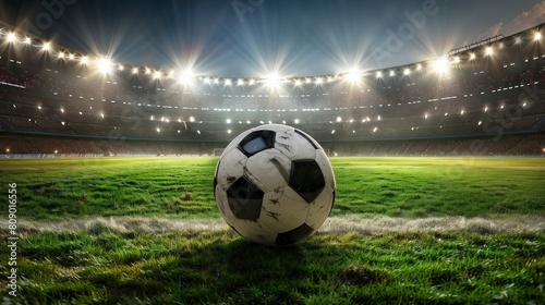 classic soccer ball on grass in a stadium in high resolution