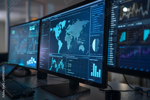 Surveillance room with multiple screens showing global maps and graphs in a dark setting